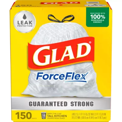 Glad 13-Gal. Guaranteed Strong with Can-Gripping, Tall Kitchen Drawstring Plastic Trash Bags, 150 ct. - White (Leak Protected)