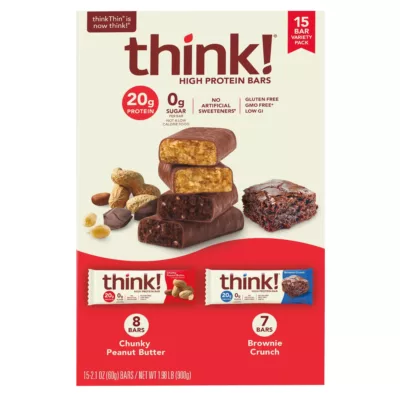 Think High Protein Bars Variety Pack 15 count. (8 Chunky Peanut Butter & 7 Brownie Crunch) Glutten-Free, GMO-free, No GMI