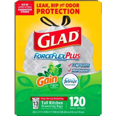 Glad ForceFlex 13-Gal. Tall Can-gripping Kitchen Bags with Gain Odorshield,, 2X Leak Protection & Re-enforced bottom White Color, 13 Gallon 120 Ct.